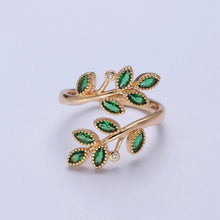 Load image into Gallery viewer, Gold Olive Leaf Ring Green Pave Olive Leaf Ring Adjustable Ring O-2210