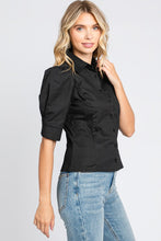 Load image into Gallery viewer, Black Cotton Poplin Puff Sleeve Top