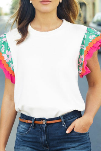 White Contrast Ricrac Floral Sleeve Top