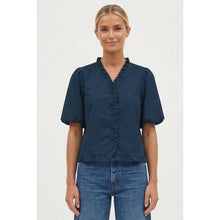 Load image into Gallery viewer, Navy Ruffle Detail Bubble Sleeve Top