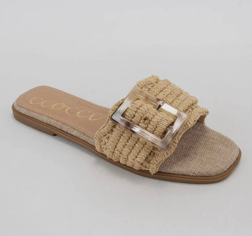 Tortoise Buckle Raffia Sandal