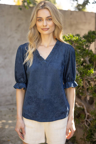 Ruffle V Neck Suede Top