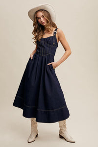 Denim Buckle Corset Maxi Dress