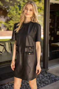 Braid Neck Double Pocket Faux Leather Dress