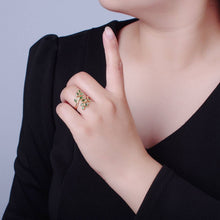 Load image into Gallery viewer, Gold Olive Leaf Ring Green Pave Olive Leaf Ring Adjustable Ring O-2210