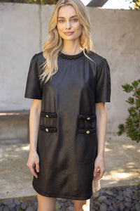 Braid Neck Double Pocket Faux Leather Dress