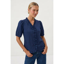 Load image into Gallery viewer, Navy Ruffle Detail Bubble Sleeve Top