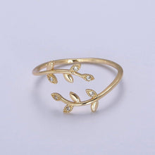 Load image into Gallery viewer, Micro Pave Olive Vine Leaf Adjustable Ring, Crystal Cubic Zirconia CZ Mother Nature Stacking Ring, Minimalist 16K Gold Filled Ring, Gift For Her Plant Mom U-436