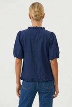 Load image into Gallery viewer, Navy Ruffle Detail Bubble Sleeve Top