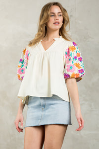 Embroidered Sleeve V Neck Top