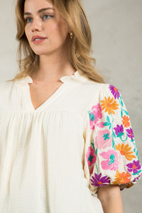 Embroidered Sleeve V Neck Top