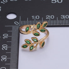 Load image into Gallery viewer, Gold Olive Leaf Ring Green Pave Olive Leaf Ring Adjustable Ring O-2210