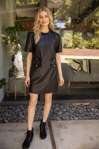 Braid Neck Double Pocket Faux Leather Dress