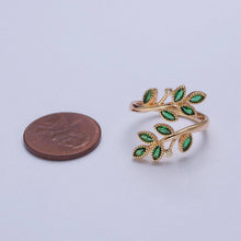 Load image into Gallery viewer, Gold Olive Leaf Ring Green Pave Olive Leaf Ring Adjustable Ring O-2210