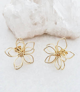 Gold Wire-Wrapped Lotus Studs Earrings