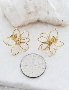 Gold Wire-Wrapped Lotus Studs Earrings