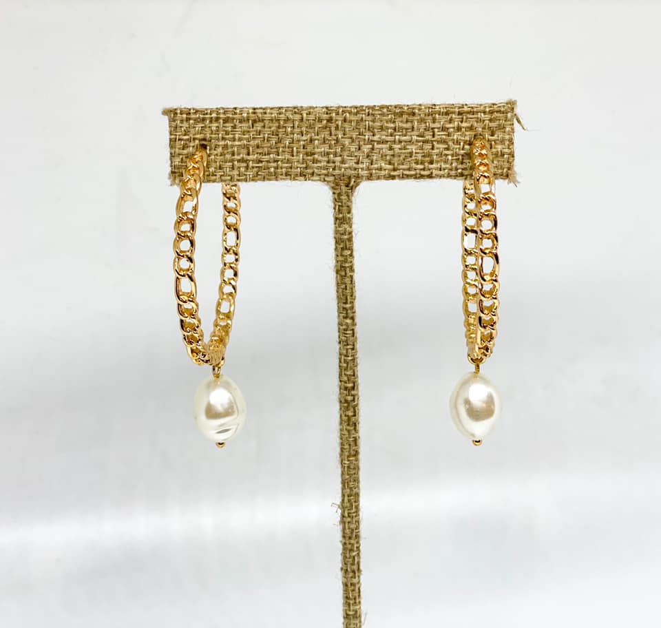 Pearl Drop Gold Chain Hoop Earrings