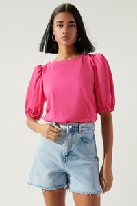 Pink Puff Sleeve Cotton Knit Top