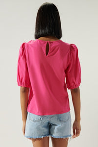 Pink Puff Sleeve Cotton Knit Top