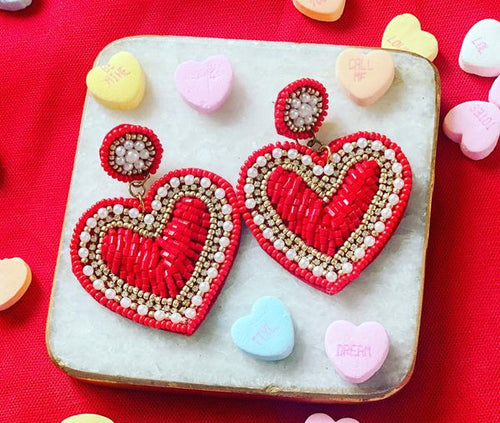 Heart and Pearl Beaded Earrings